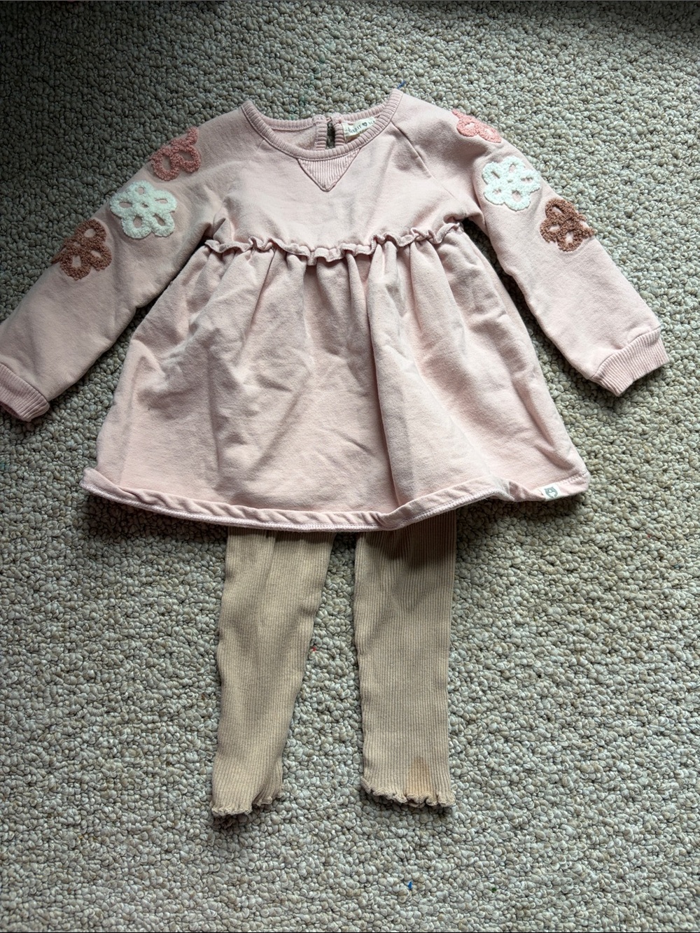 Girls' Pink Flower-Appliqué Matching Set with Tan Leggings